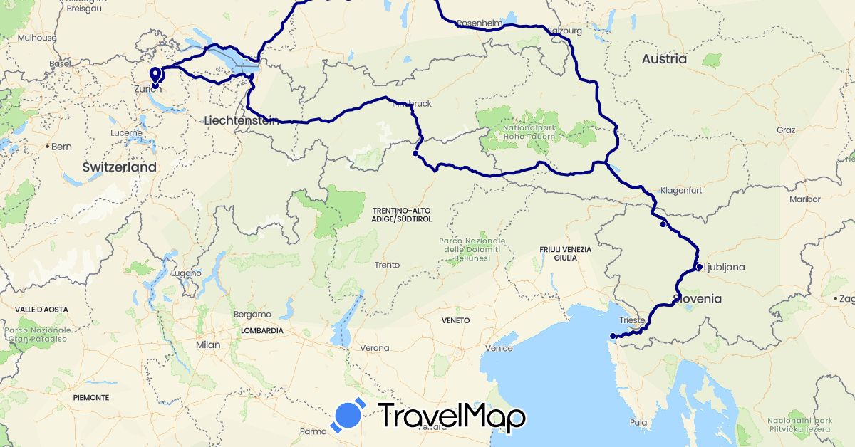 TravelMap itinerary: driving in Switzerland, Italy, Slovenia (Europe)
